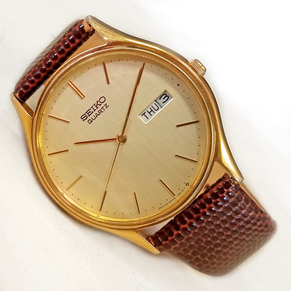 Seiko Day Date Dress Watch 6533-8019 Gold 33mm